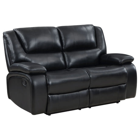 Black Upholstered Manual Reclining Loveseat With Pillow Arms - Omega Lifestyles