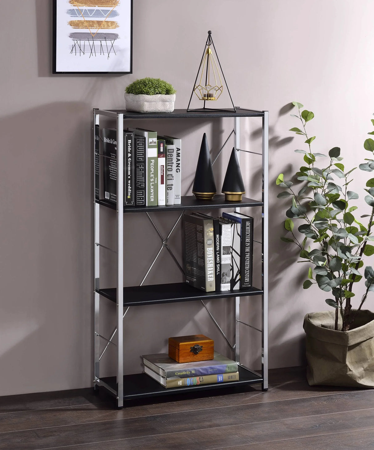 Contemporary Black Chrome Metal 4-Tier Bookshelf - Omega Lifestyles