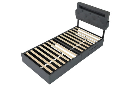 Twin Upholstered Bed Frame With Storage Drawers And USB Charging - Omega Lifestyles