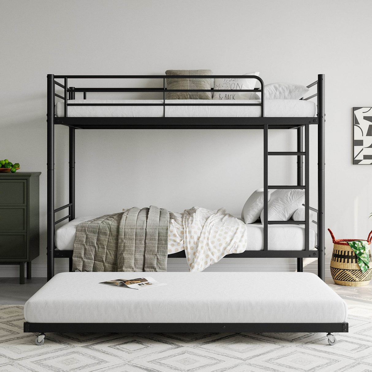 Twin Metal Bunk Bed With Trundle Ladder And Guardrail