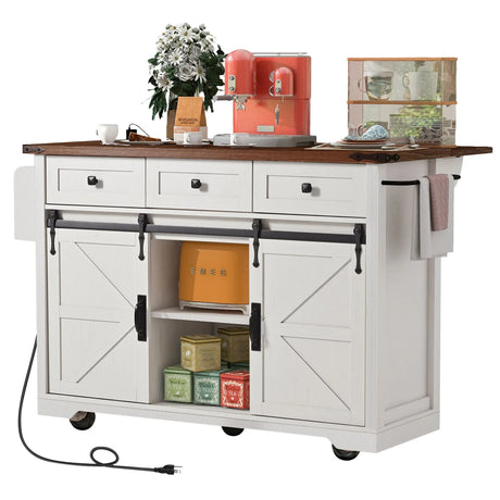 Farmhouse Kitchen Island Rolling Cart With Power Outlet - Omega Lifestyles