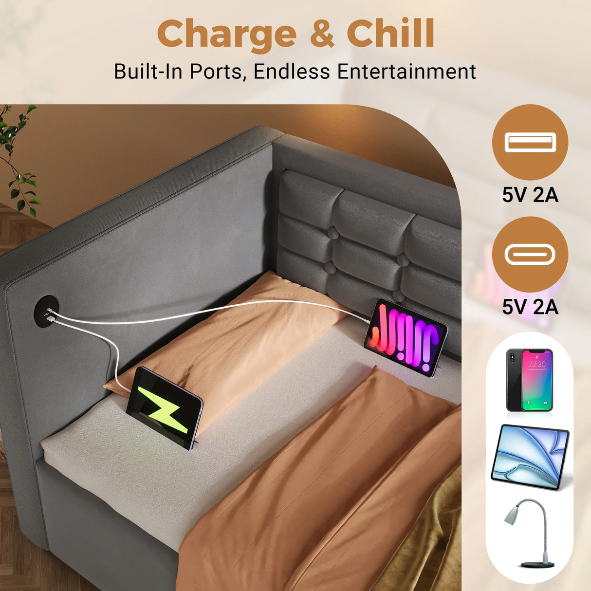 Twin Gray Velvet Upholstered Hydraulic Storage Daybed With USB Charging - Omega Lifestyles