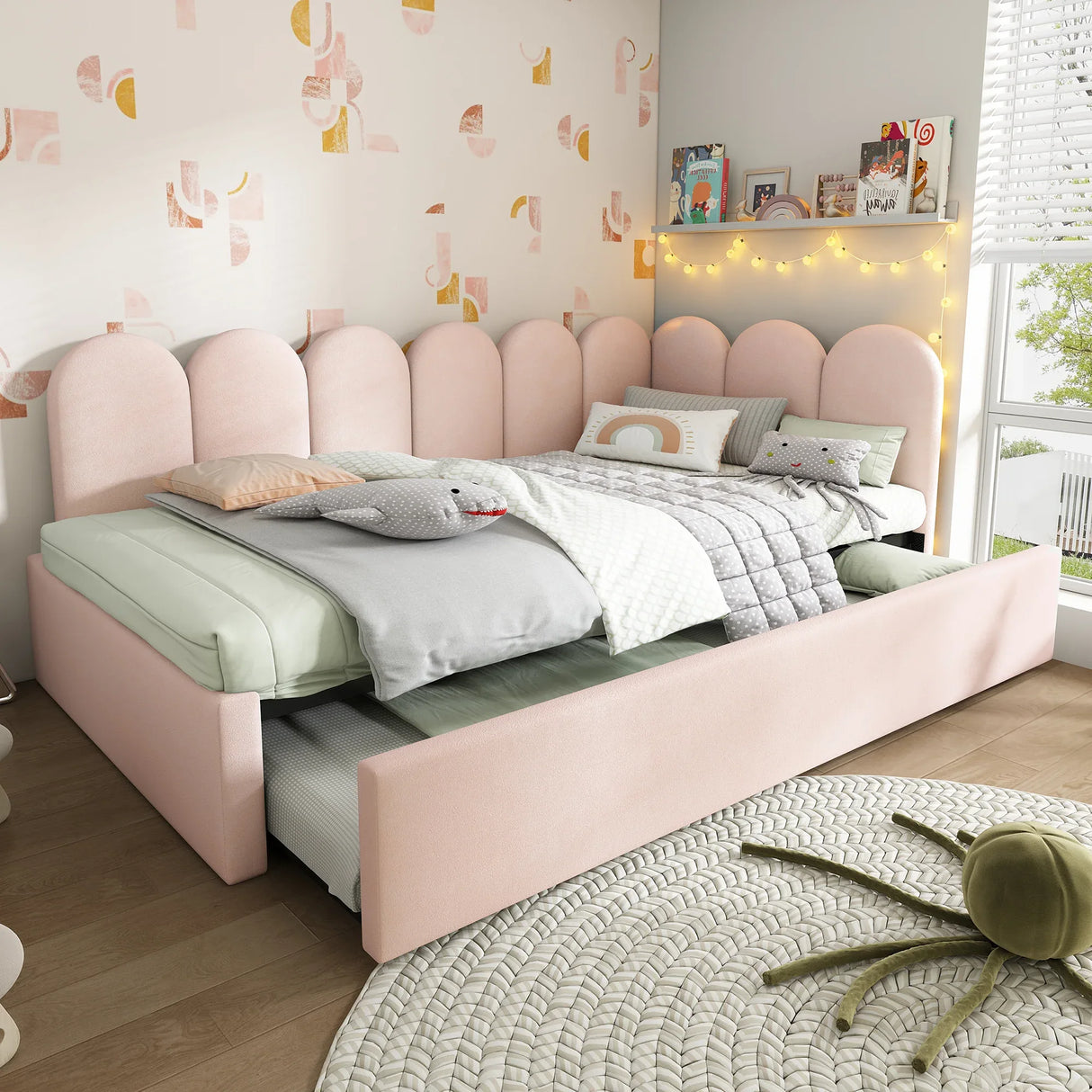Pink Velvet Twin Daybed With Pull-Out Trundle Bed - Omega Lifestyles