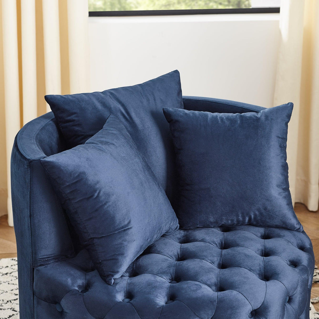 Velvet Upholstered Blue Swivel Chair With Pillows - Omega Lifestyles