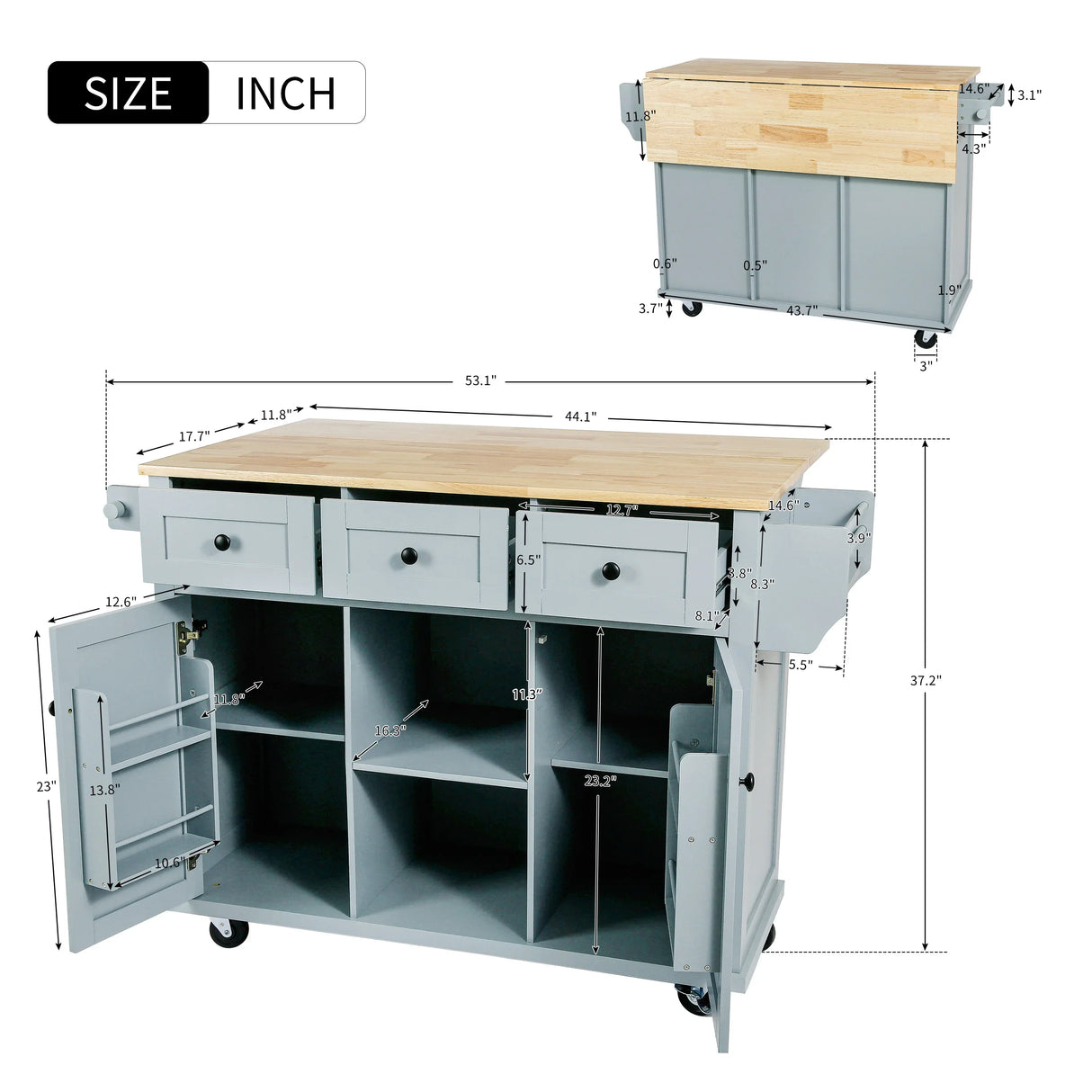 Kitchen Cart With Rubber Wood Drop-Leaf Countertop Storage Island - Omega Lifestyles