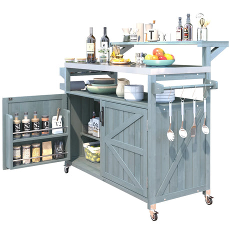 Outdoor Rolling Grill Cart With Raised Shelf Storage - Omega Lifestyles