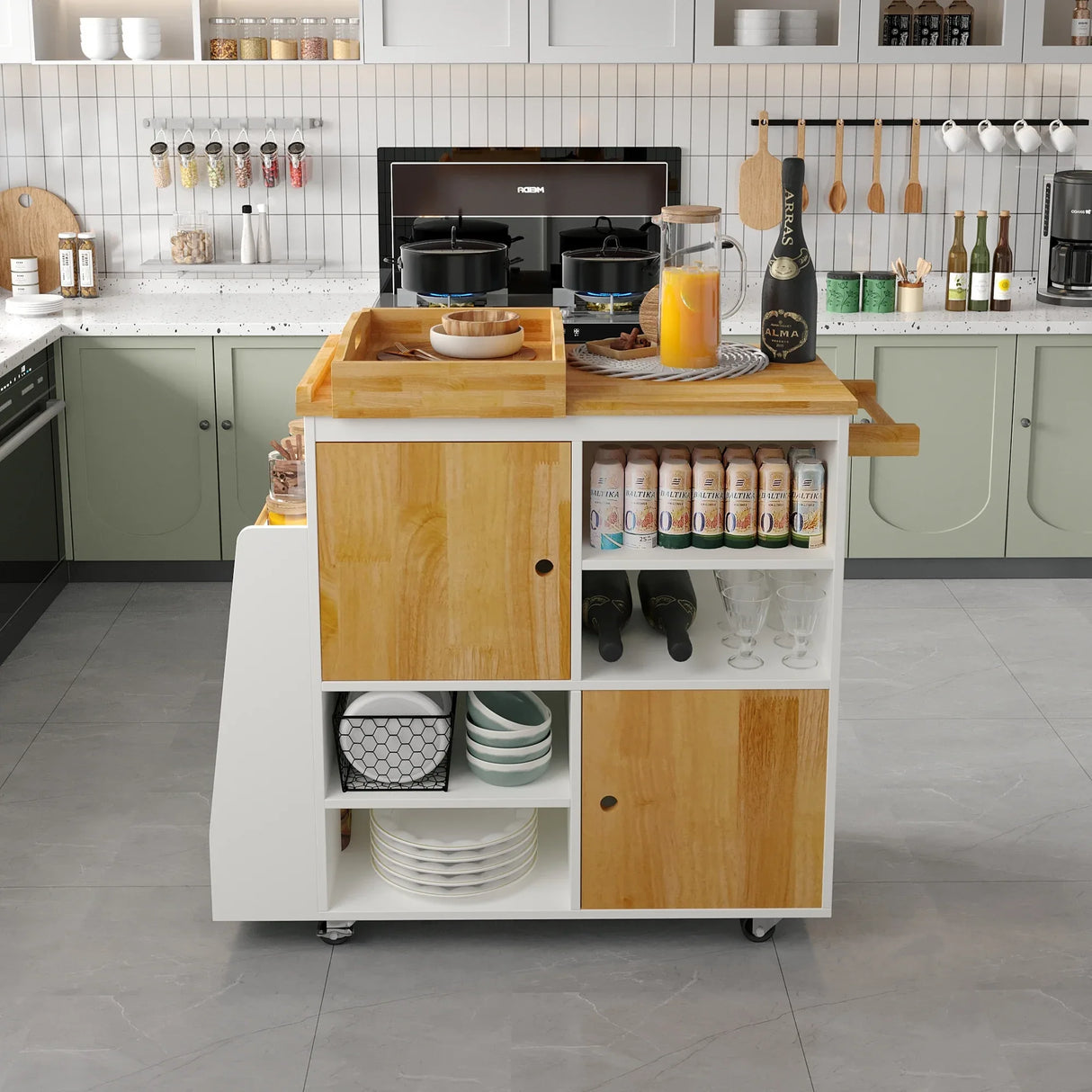 Engineered Wood Kitchen Island Cart With Spice Rack - Omega Lifestyles