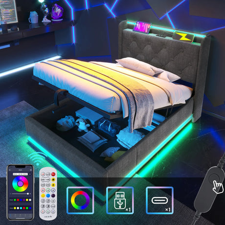 Twin Upholstered Linen Storage Bed With LED Lighting - Omega Lifestyles