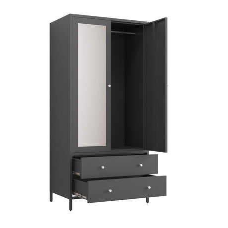Retro Steel Armoire Wardrobe Closet With Mirror And Drawers - Omega Lifestyles