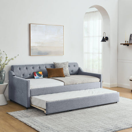 Twin Linen Upholstery Daybed With Erectable Trundle USB Charging - Omega Lifestyles