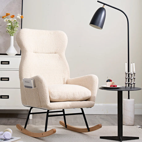 Beige Cotton Upholstered Ergonomic Rocking Chair - Omega Lifestyles