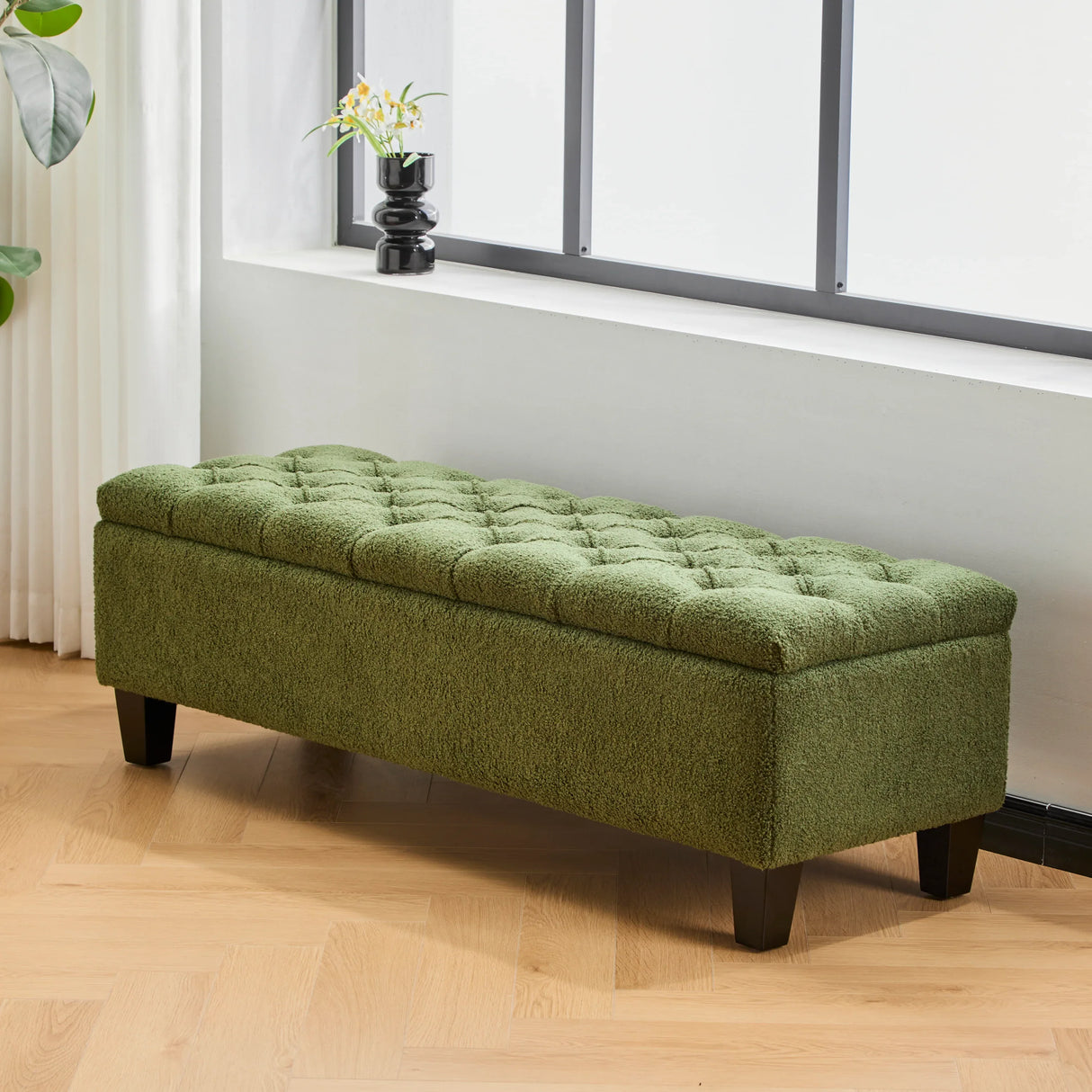 Green Boucle Ottoman Bench With Storage And Seating - Omega Lifestyles