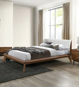 Queen Mid-Century Modern Walnut Fabric Winged Edge Bed Frame - Omega Lifestyles