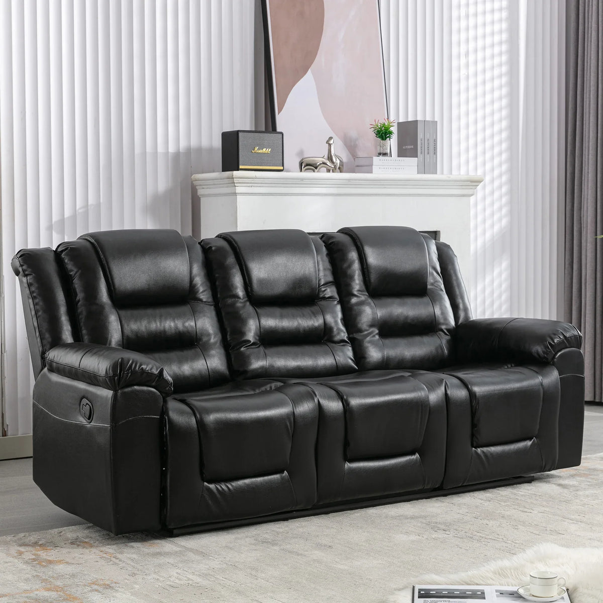 3 Seater Manual Recliner Chair With Cup Holders Black PU - Omega Lifestyles