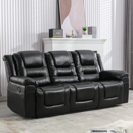 3 Seater Manual Recliner Chair With Cup Holders Black PU - Omega Lifestyles
