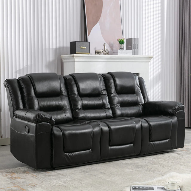 3 Seater Manual Recliner Chair With Cup Holders Black PU - Omega Lifestyles