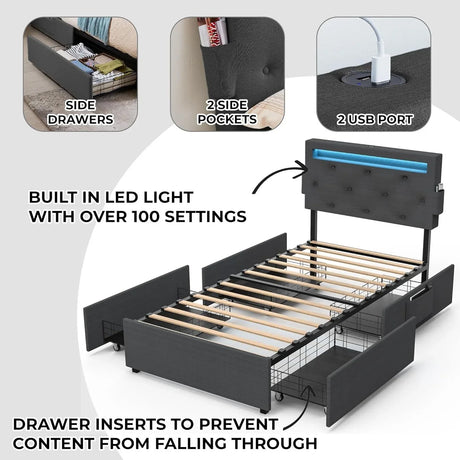 Twin Upholstered Bed Frame With Storage Drawers And USB Charging - Omega Lifestyles
