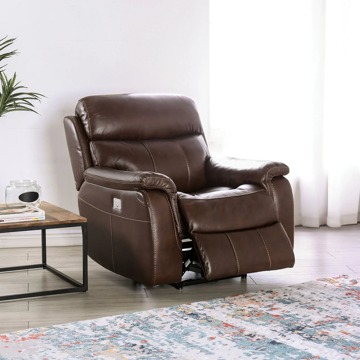Transitional Brown Top Grain Leather Power Recliner Chair - Omega Lifestyles