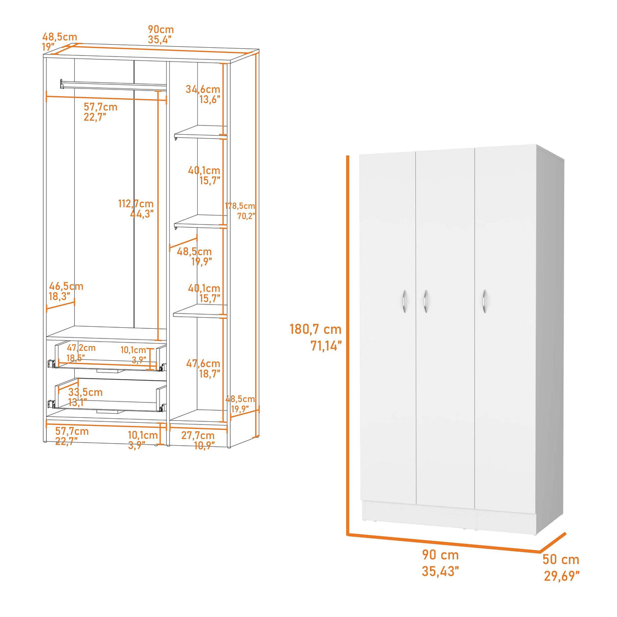 White Engineered Wood Three-Door Wardrobe With Drawers - Omega Lifestyles