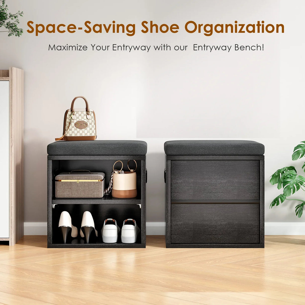 Wooden Entryway Storage Shoe Bench With Cushion Seating - Omega Lifestyles
