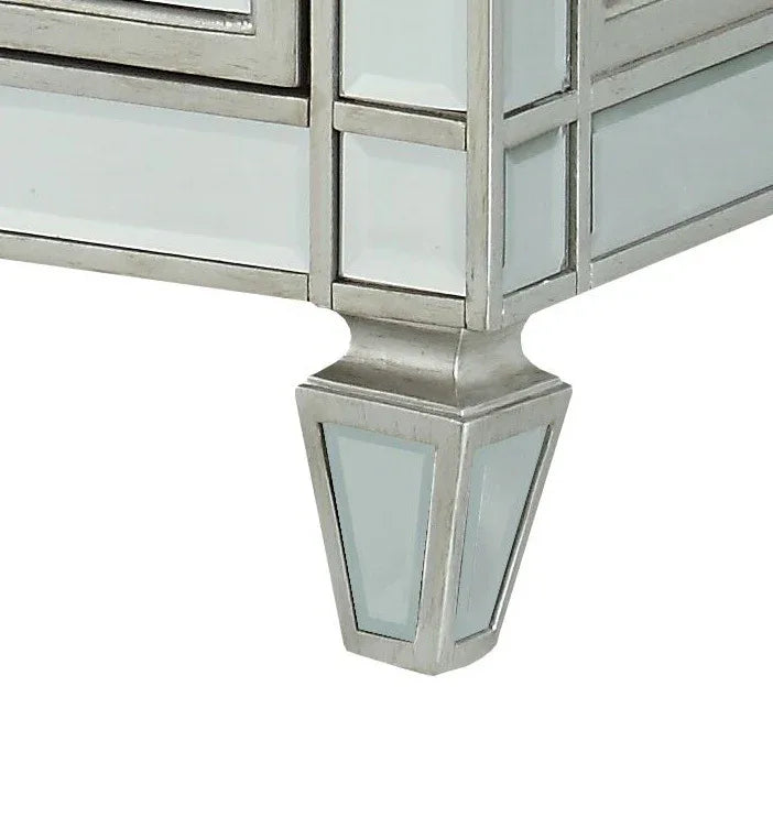 Mirrored Silver Nightstand With Geometric Raised Trim - Omega Lifestyles