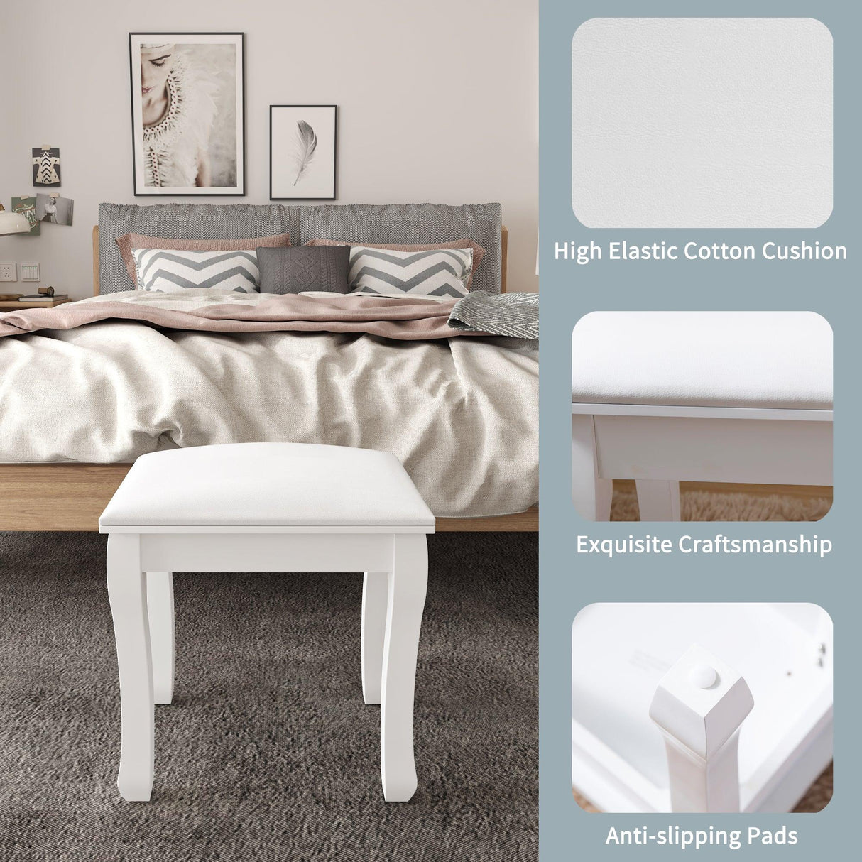 White Solid Wood Vanity Stool With Cushioned Seat - Omega Lifestyles