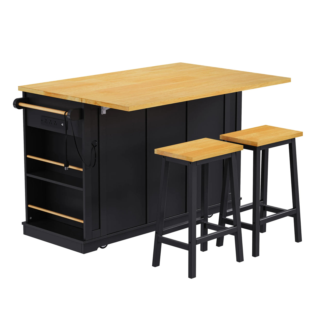 Large Kitchen Island Storage Cart With Bar Stools and Power Outlet - Omega Lifestyles