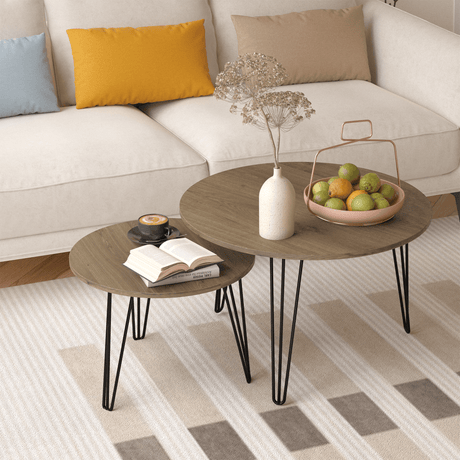 Set of 2 Rustic Brown Round Nesting Coffee Tables - Sleep Galleria