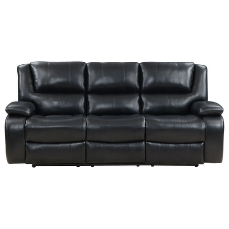 Black Upholstered Motion Reclining Sofa With Pillow Arms - Omega Lifestyles