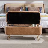 Camel Faux Fur Storage Ottoman Bench With Gold Legs - Omega Lifestyles