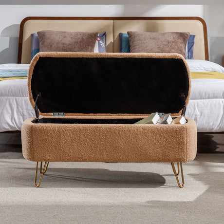 Camel Faux Fur Storage Ottoman Bench With Gold Legs - Omega Lifestyles