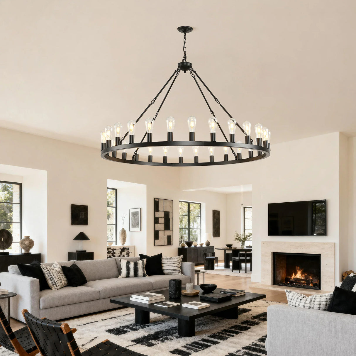 Large 53 Inch Matte Black Wagon Wheel Chandelier - Omega Lifestyles