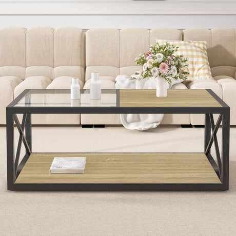 Industrial Glass And Natural Wood Modern Coffee Table - Sleep Galleria