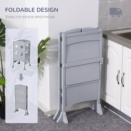 Foldable Wooden Kids Kitchen Step Stool With Safety Rail - Omega Lifestyles