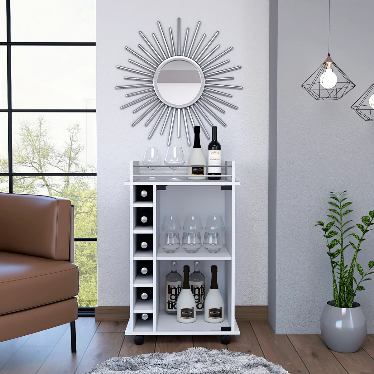 White Engineered Wood Bar Cart With Glass Door - Omega Lifestyles