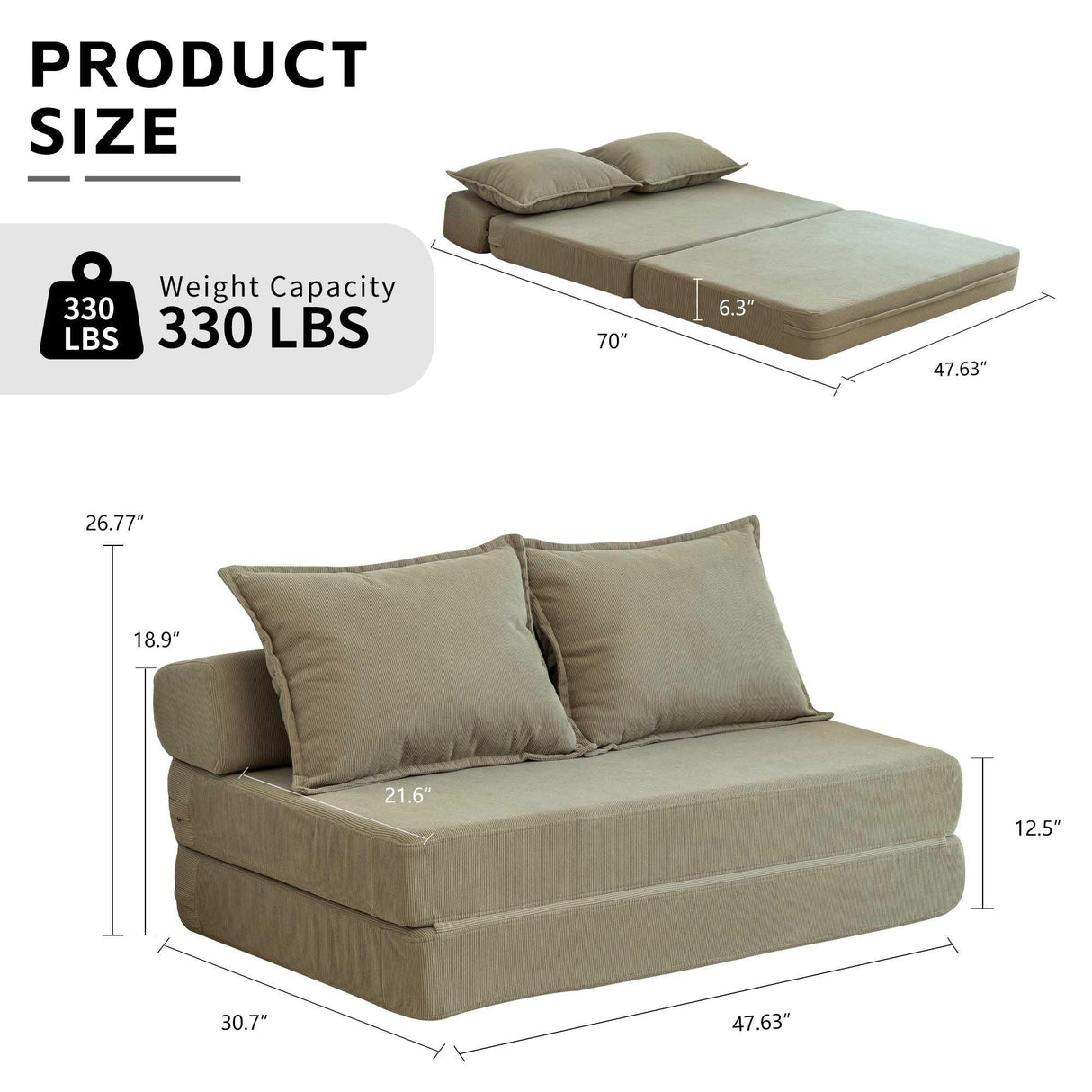 Foldable Corduroy 2-Seat Sofa Bed With Mattress - Omega Lifestyles