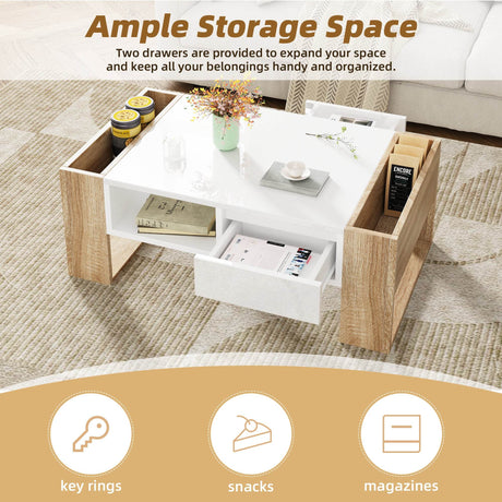 High Glossy White Coffee Table With Drawers - Sleep Galleria