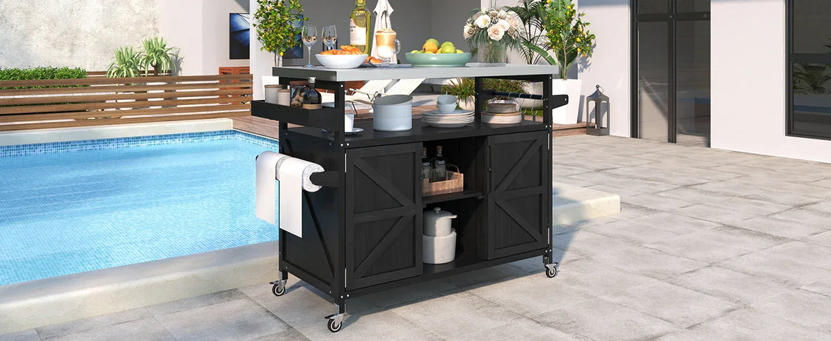 Farmhouse Solid Fir Wood Outdoor Kitchen Island Cart - Omega Lifestyles