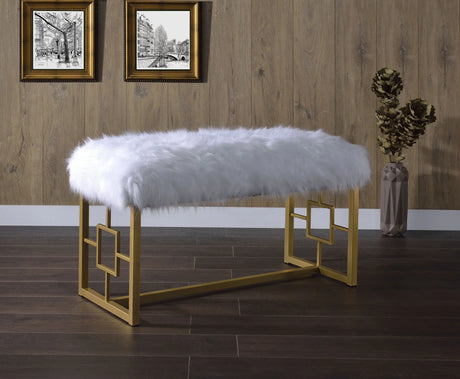 White Faux Fur Upholstered Metal Armless Lounge Bench - Omega Lifestyles