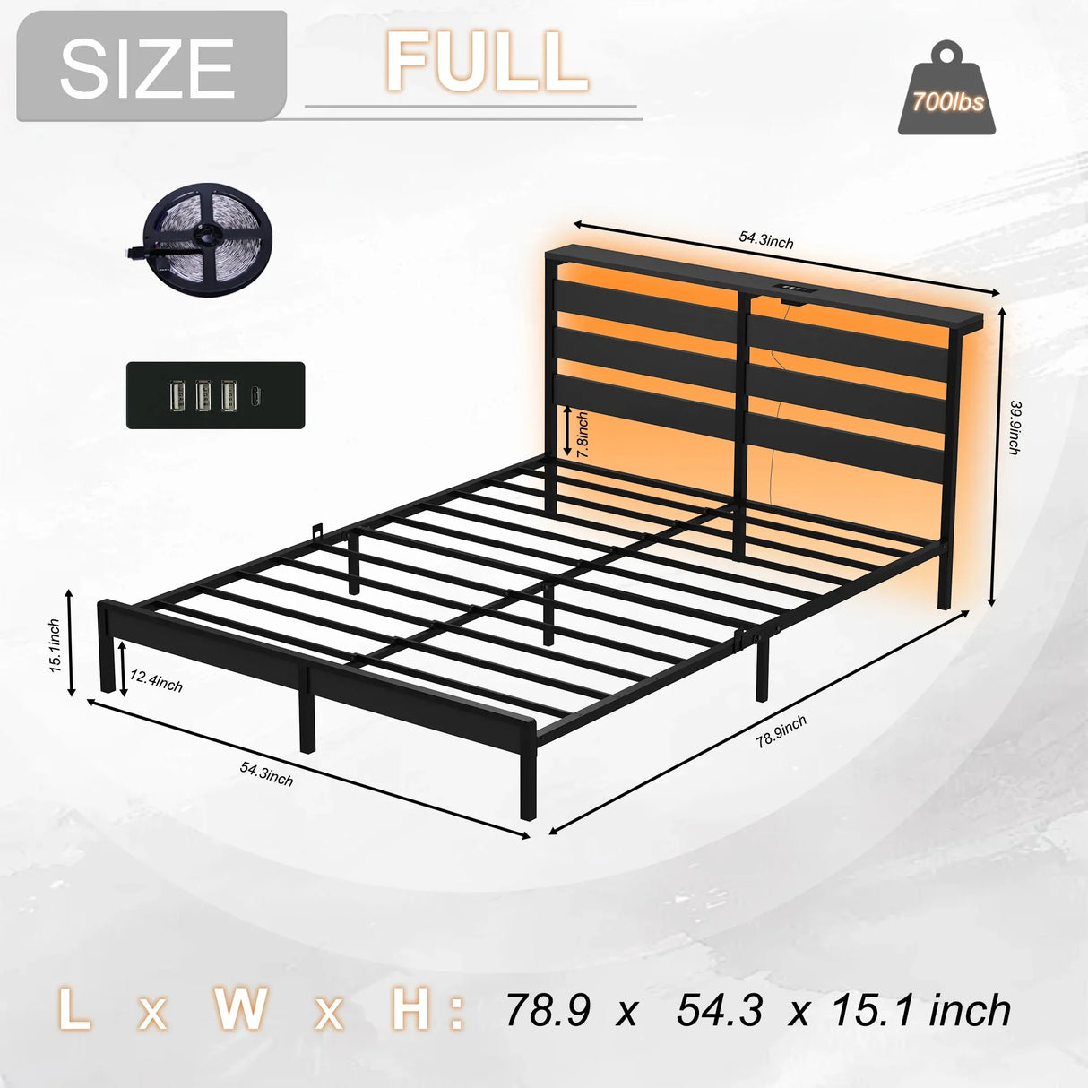 Full Size Metal Platform Bed Frame With LED Lighting USB - Omega Lifestyles