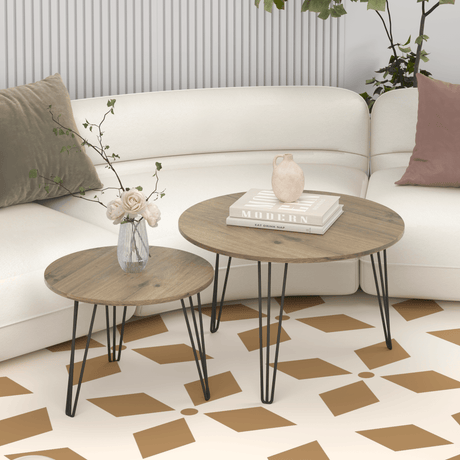 Set of 2 Rustic Brown Round Nesting Coffee Tables - Sleep Galleria