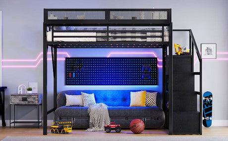 Queen Metal Loft Bed With Storage Stairs USB LED Lighting - Omega Lifestyles