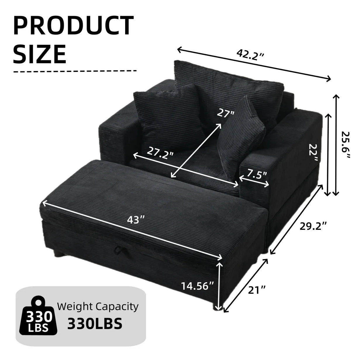 Corduroy Chaise Lounge Chair With Removable Ottoman - Omega Lifestyles