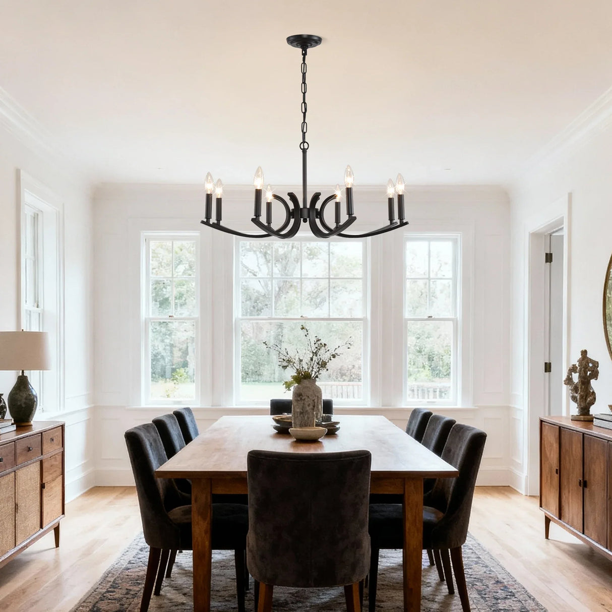 8-Light Matte Black Metal Farmhouse Chandelier Adjustable Height - Omega Lifestyles