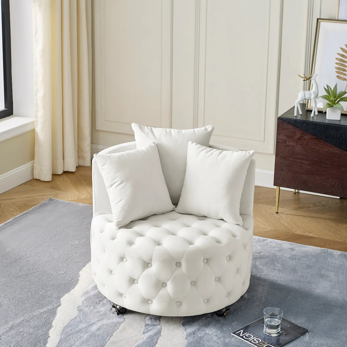 Velvet Upholstered Plush Swivel Chair With Pillows - Omega Lifestyles