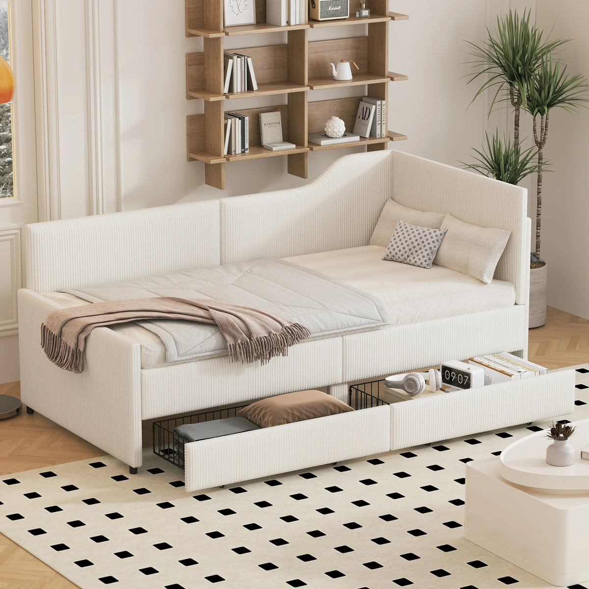 Twin L-Shaped Corduroy Upholstered Daybed With Storage Drawers - Omega Lifestyles