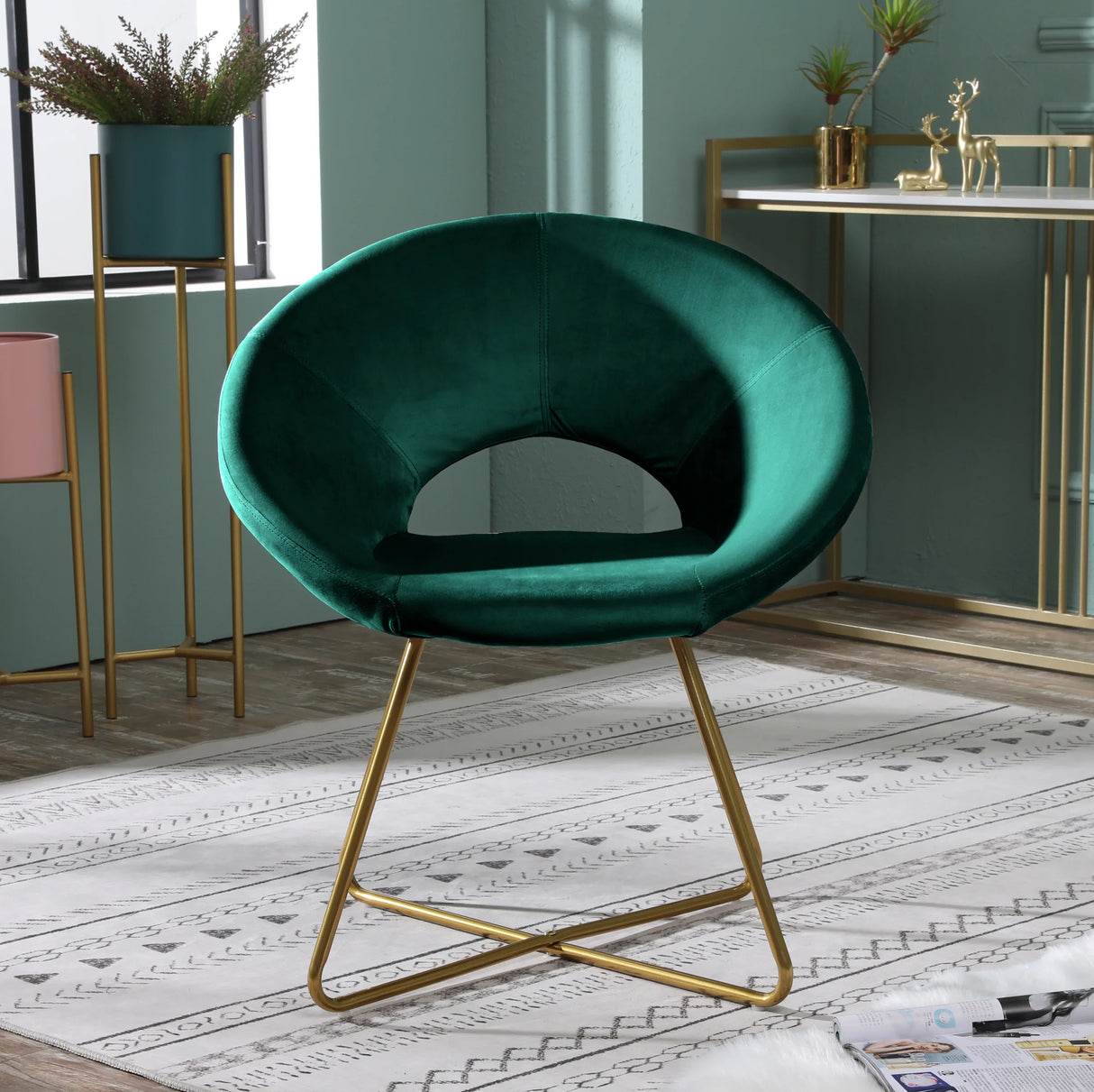 Green Silky Velvet Upholstered Accent Chair With Gold Base - Omega Lifestyles