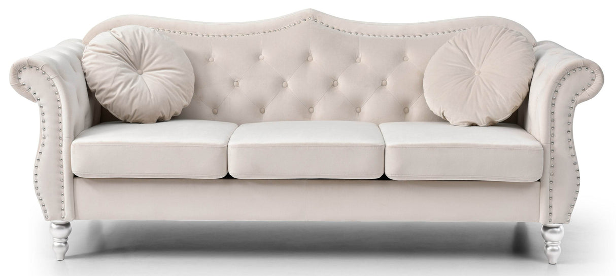 Ivory Velvet 3-Seat Tufted Sofa With Nailhead Trim - Omega Lifestyles