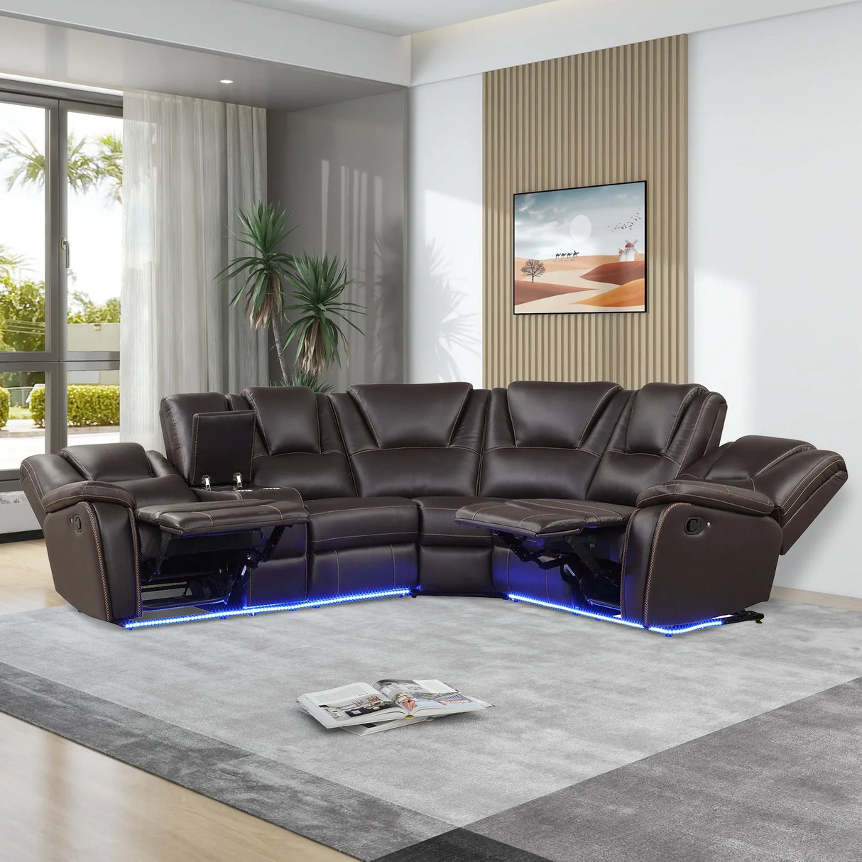 Modern Brown PU Leather Manual Reclining Sectional Sofa - Omega Lifestyles