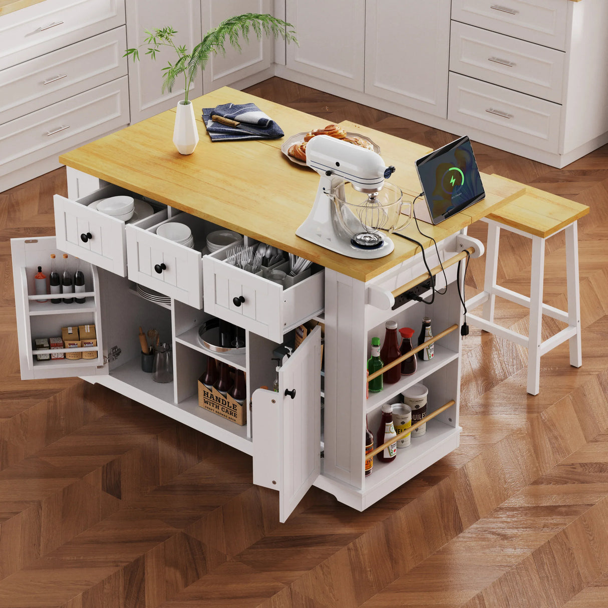Large Kitchen Island Cart With Drop Leaf And Power Outlet - Omega Lifestyles